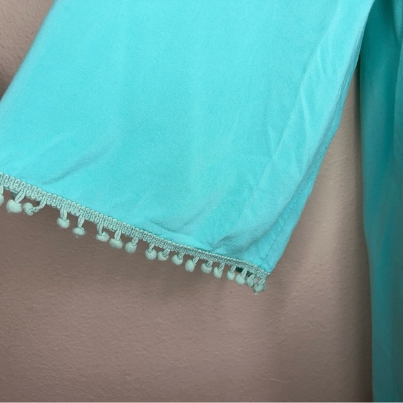 MEDIUM MINT BLUE TUNIC TOP VNECK DANGLE ACCENT BOHO BOHEMIAN ROSE DE PARIS - Picture 6 of 13